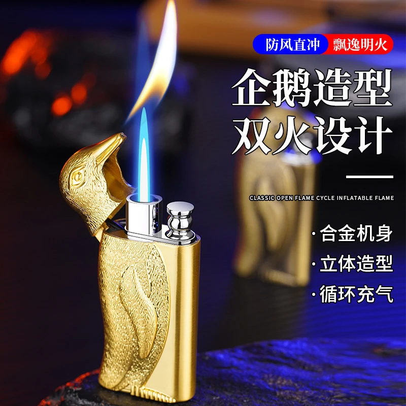 zpHB919双火直冲转换明火充气打火机金属立体浮雕企鹅打火