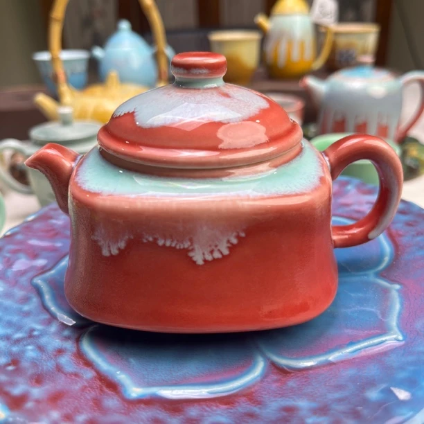 全手高温窑变精品陶瓷茶壶 泥雕泥塑工艺 四方壶 水容量180毫升