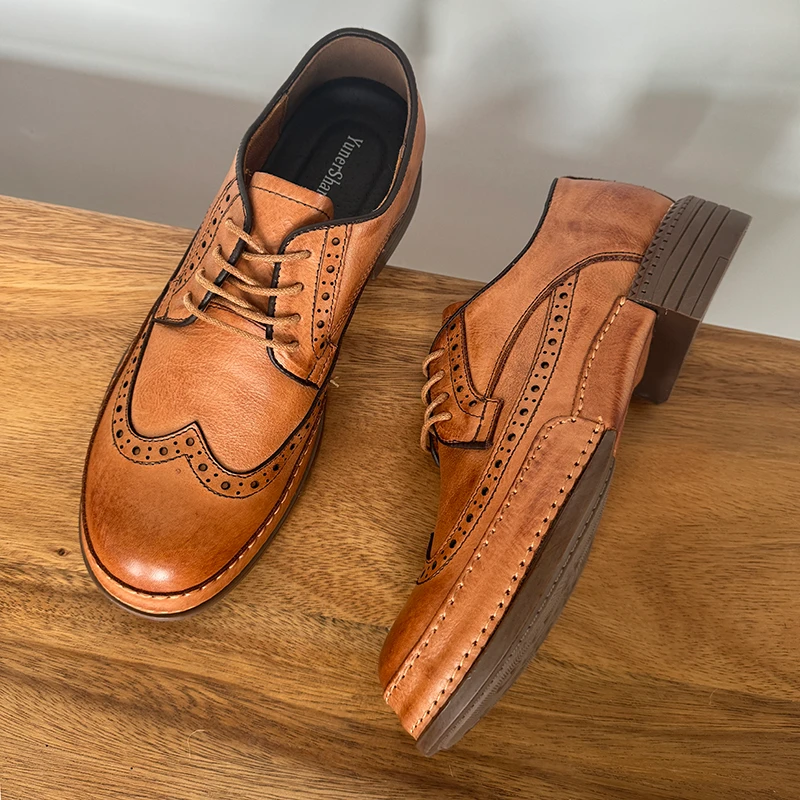 阿美咔叽皮鞋男真皮工装鞋复古布洛克雕花男鞋厚底增高软底德比鞋