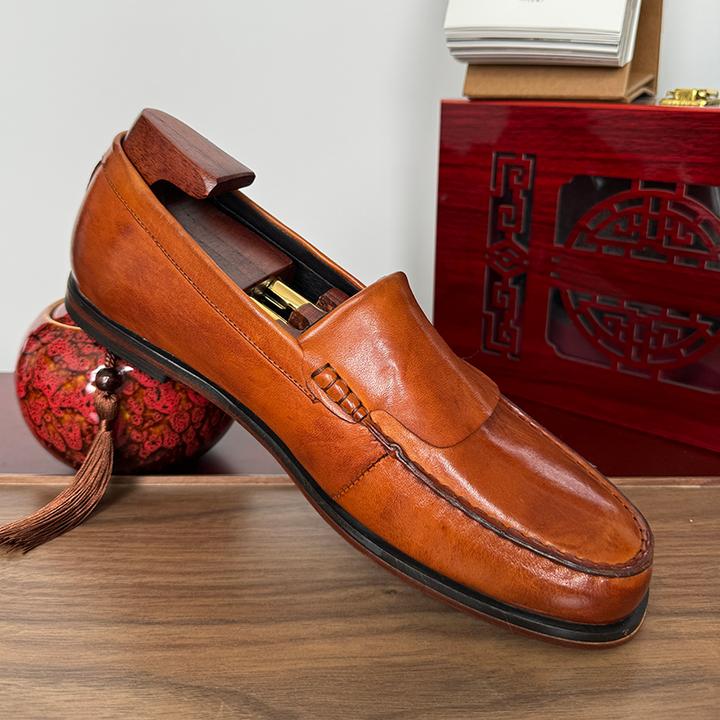 夏季薄款透气乐福鞋男水洗马皮真皮大底手工鞋一脚蹬男士休闲皮鞋