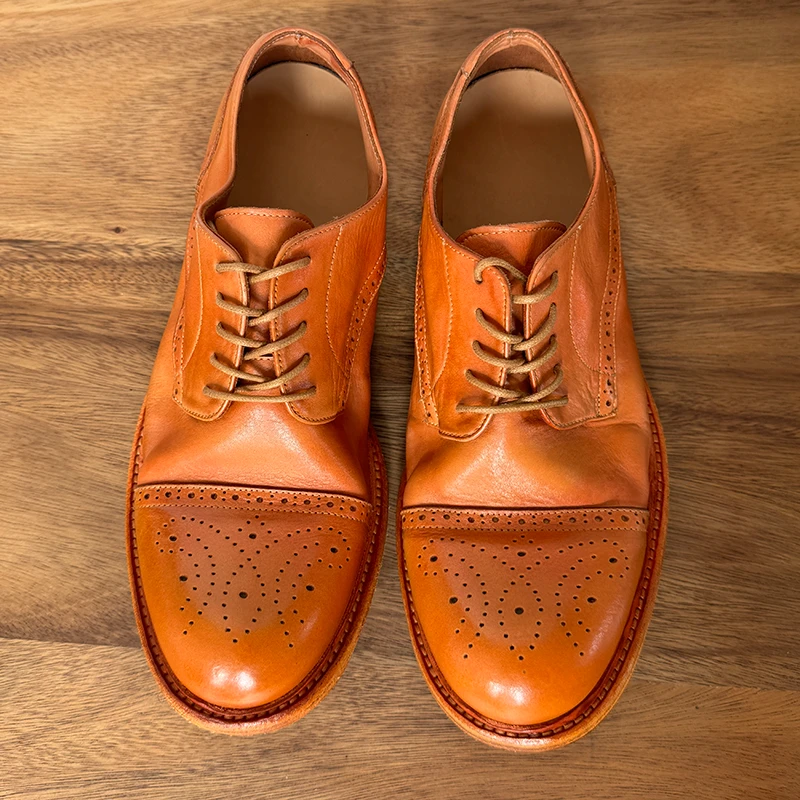 固特异雕花水洗牛皮手工鞋男士德比日系大头皮鞋商务休闲布洛克鞋