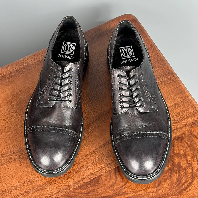 美式厚底工装皮鞋男透气牛皮水洗复古擦色手工鞋休闲圆头真皮男鞋