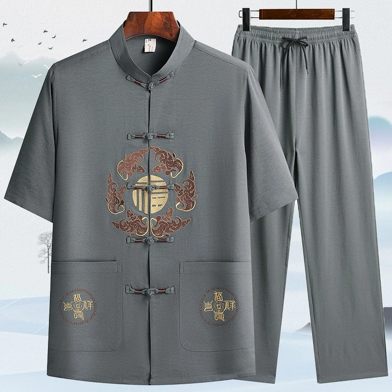 唐装男中老年人爸爸夏装短袖套装中国风春秋爷爷老人夏季父亲衣服