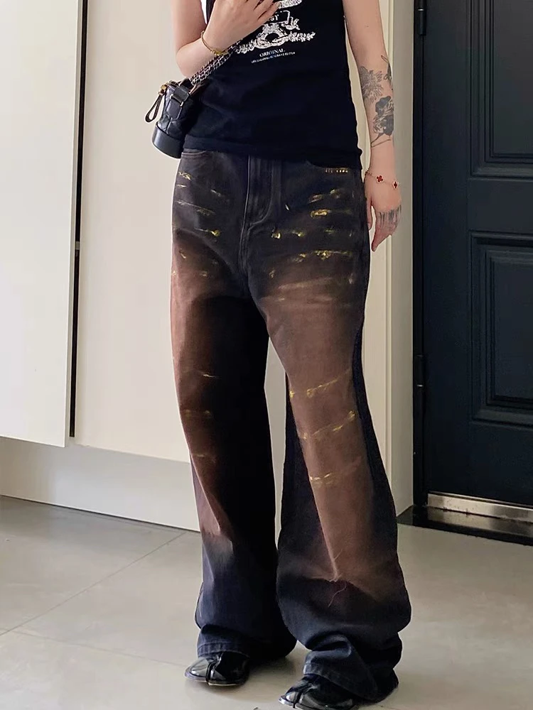 复古做旧个性烫金牛仔裤21708