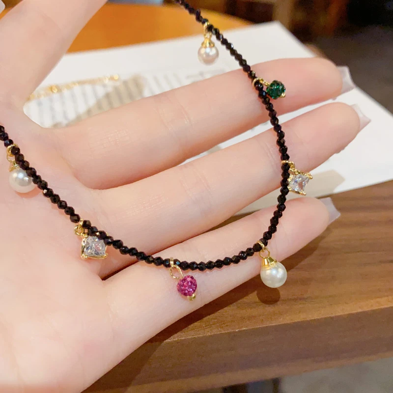 铜合金项链 小众时尚设计感黑仿珍珠流苏项链个性甜酷冷淡风百搭