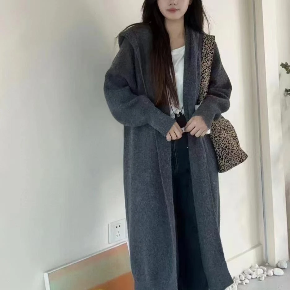 大码女装胖mm秋新款连帽宽松慵懒风长款毛呢外套纯色简约开衫外套