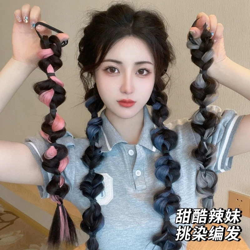 挑染泡泡辫真发辫子拳击辫时尚灯笼辫双假马尾网红辣妹泡泡麻花辫