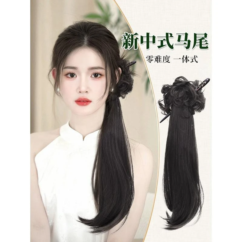 蓬松质感汉服头饰假发新中式古风马尾辫子发簪子民国风复古低马尾