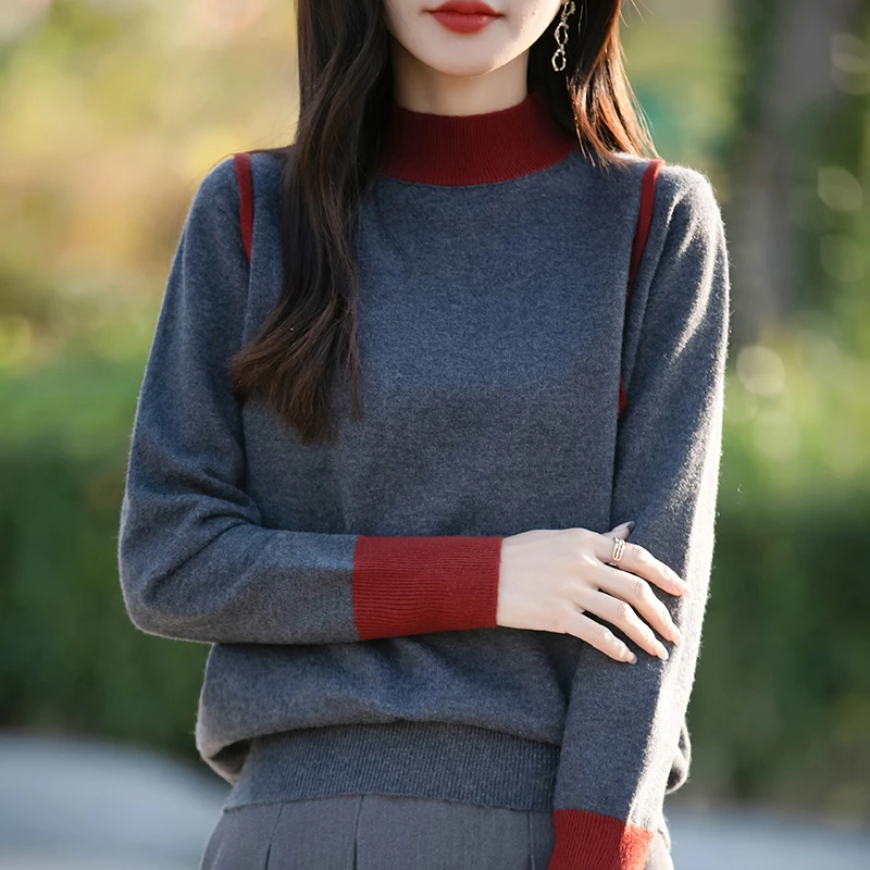 【气质款】  新款撞色针织衫女士洋气毛衣百搭半高领打底衫上衣内搭