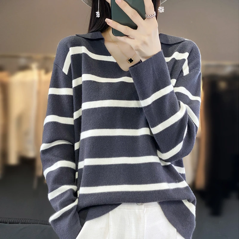 新款   秋冬Polo领条纹针织衫宽松女显瘦上衣撞色毛衣打底衫