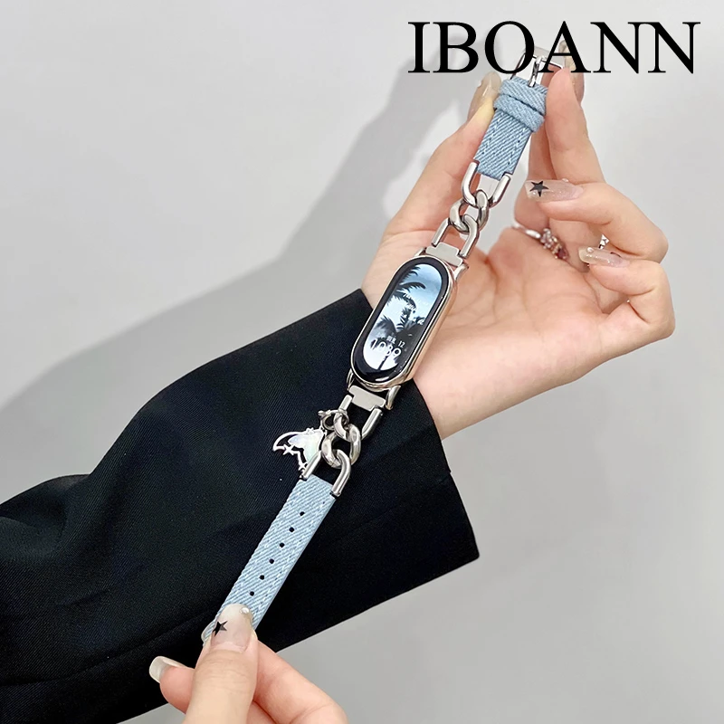 适用小米手环9/8表带7/6/5单圈链式牛仔布腕带4/3代NFC版高级时尚