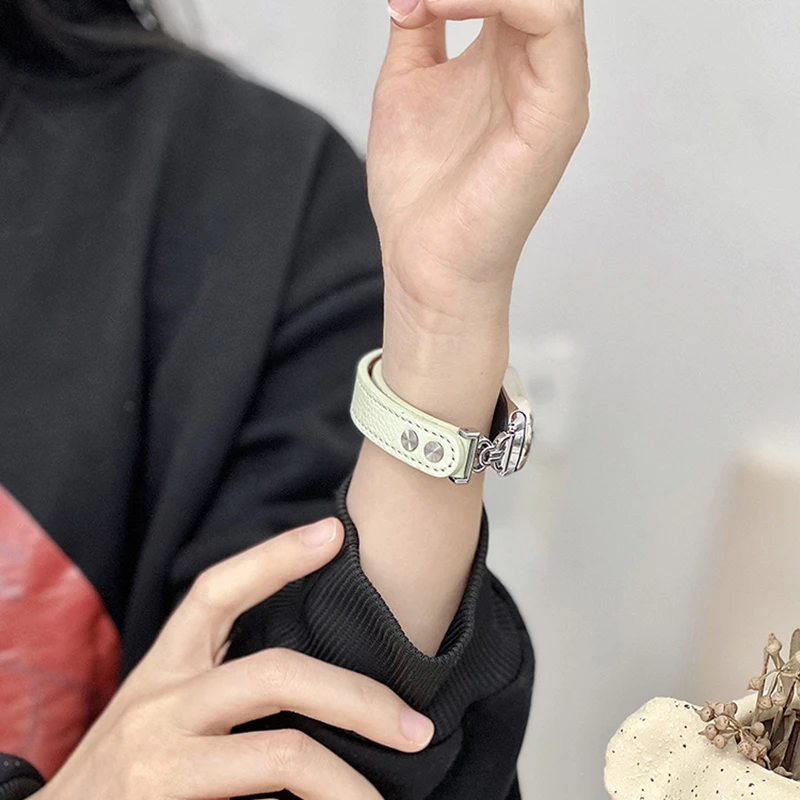 适用小米9手环表带新款8/7小蛮腰6/5双钉皮质腕带3/4代女生ins风