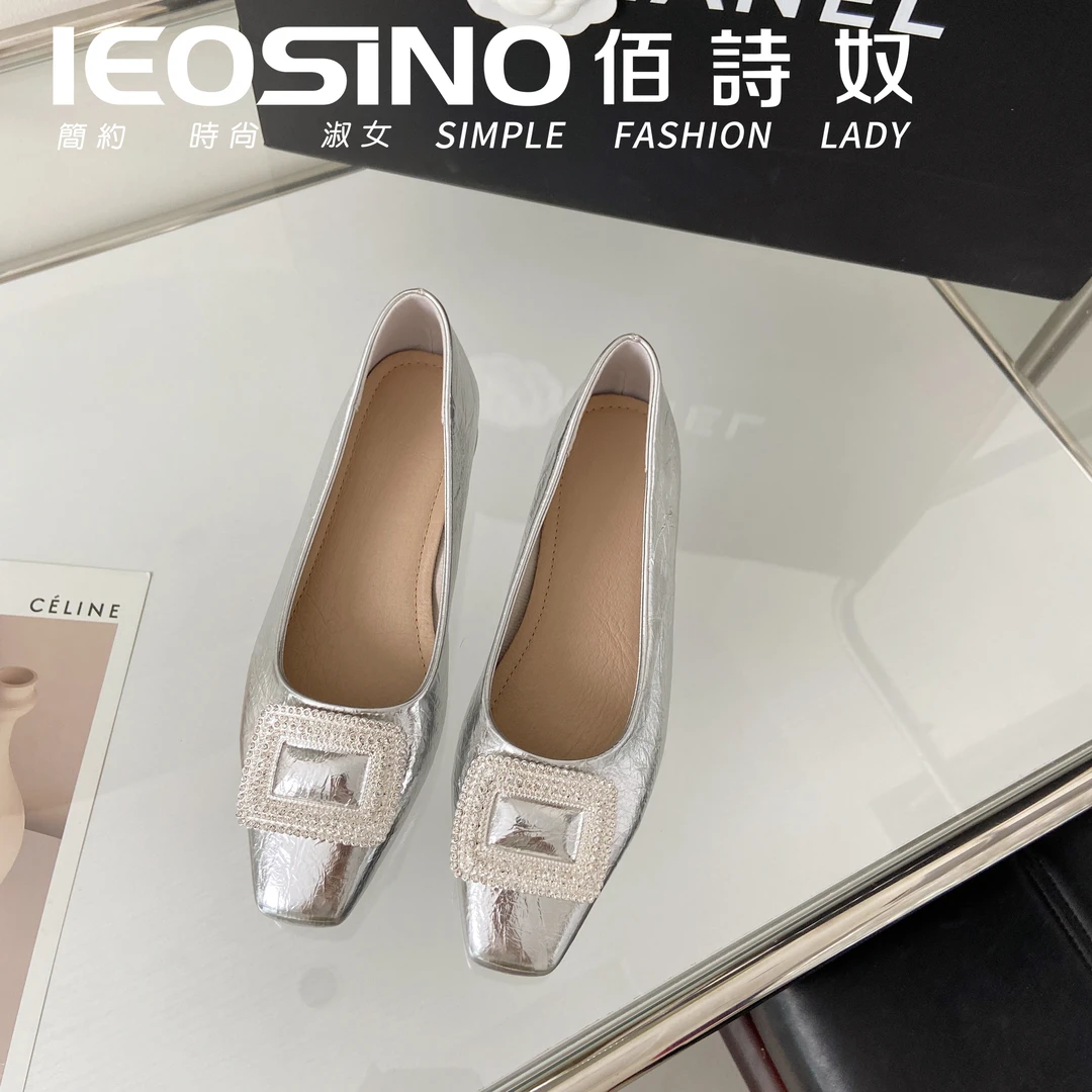 366413616佰诗奴女鞋2024夏季方头方扣单鞋浅口粗跟水钻法式单鞋