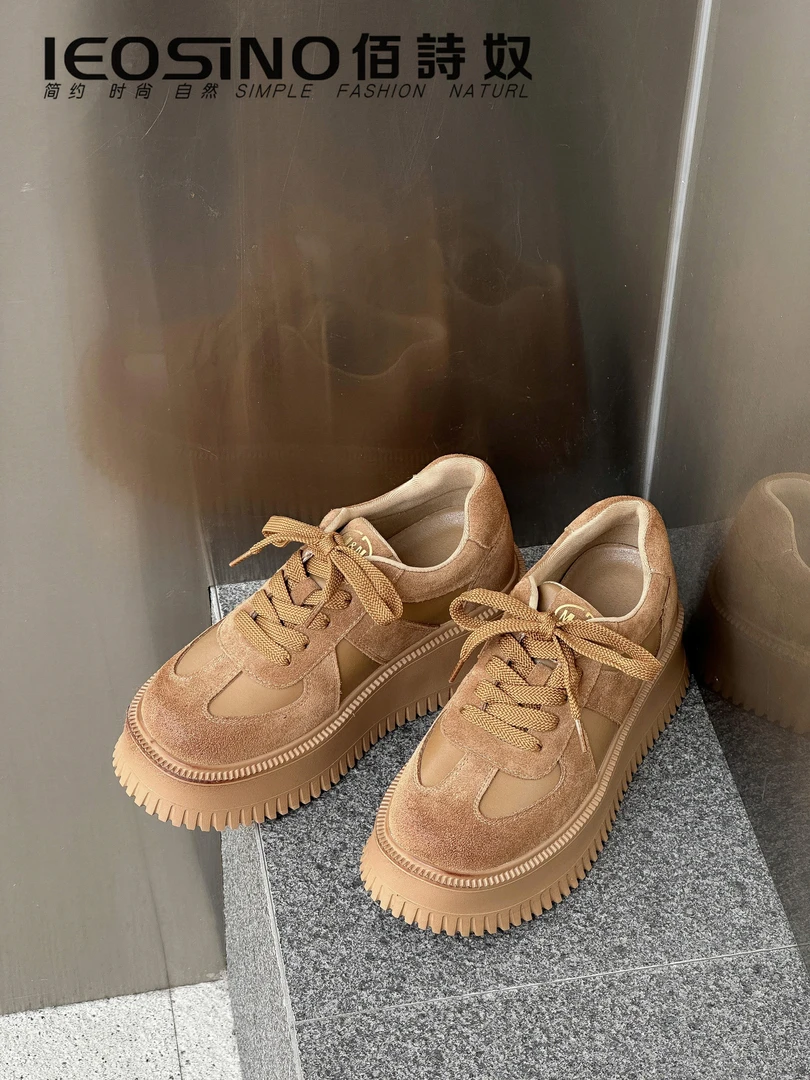 508422931佰诗奴增高休闲鞋女2024年新款磨砂松糕鞋百搭系带单鞋