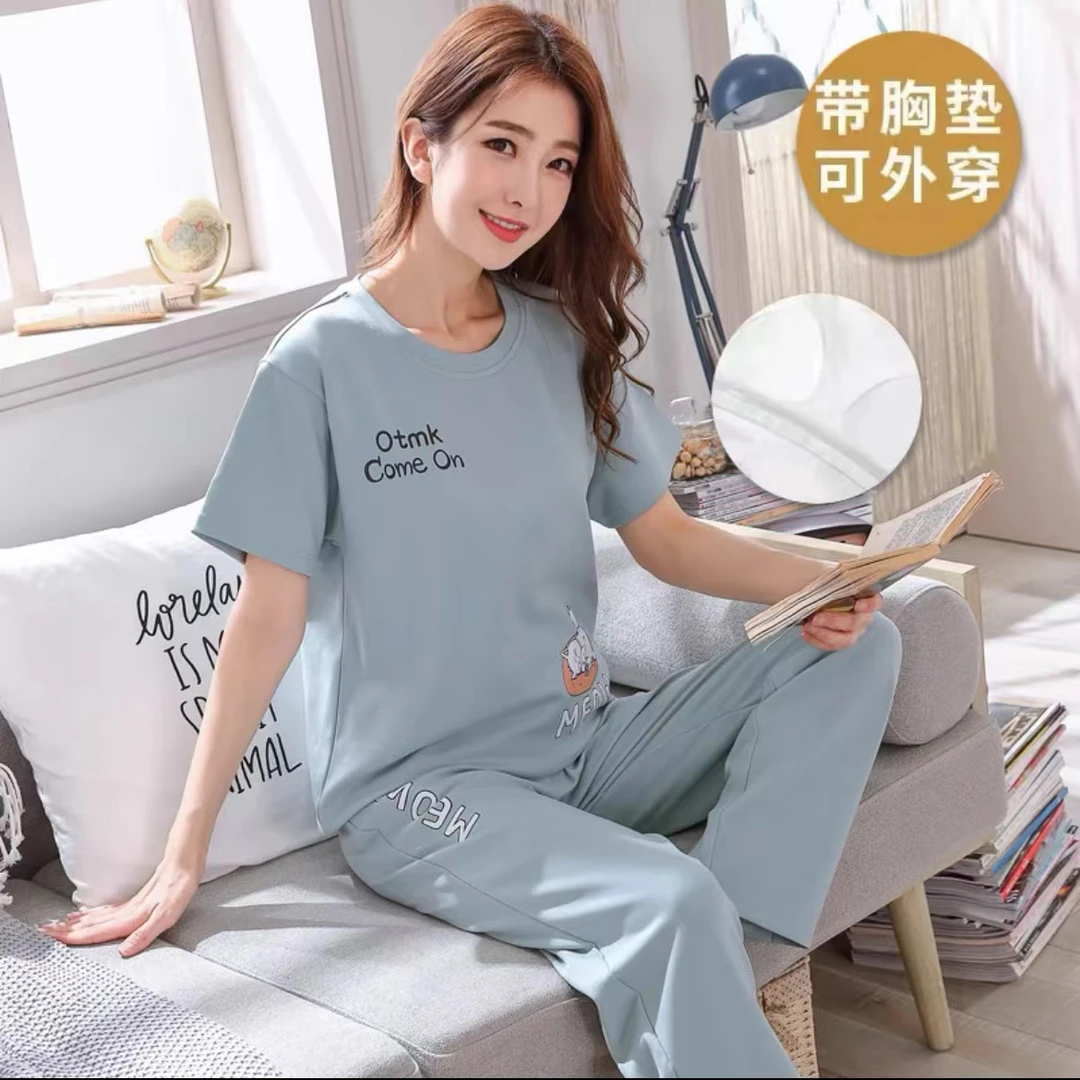 夏季女士短袖带胸垫睡衣女套装春秋韩版宽松薄款长裤可外穿家居服