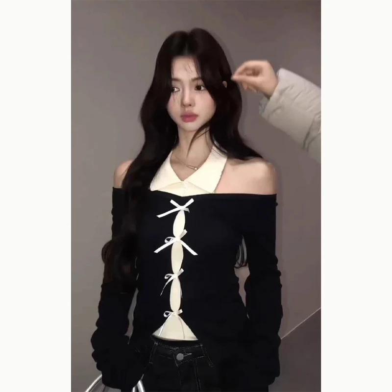 纯欲辣妹拼接蝴蝶结针织衫女2024年秋季设计感修身显瘦打底衫上衣
