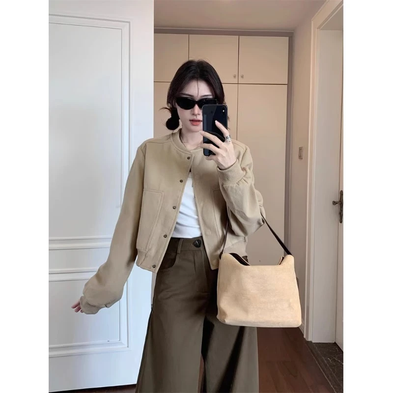 卡其色毛呢棒球服短外套女秋冬2024新款小个子短款高级感气质夹克