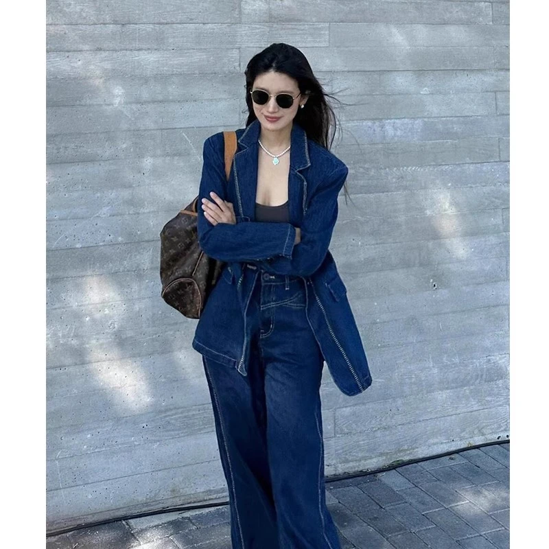 秋季小众设计感西装领牛仔美式套装女复古职业通勤外套长裤两件套