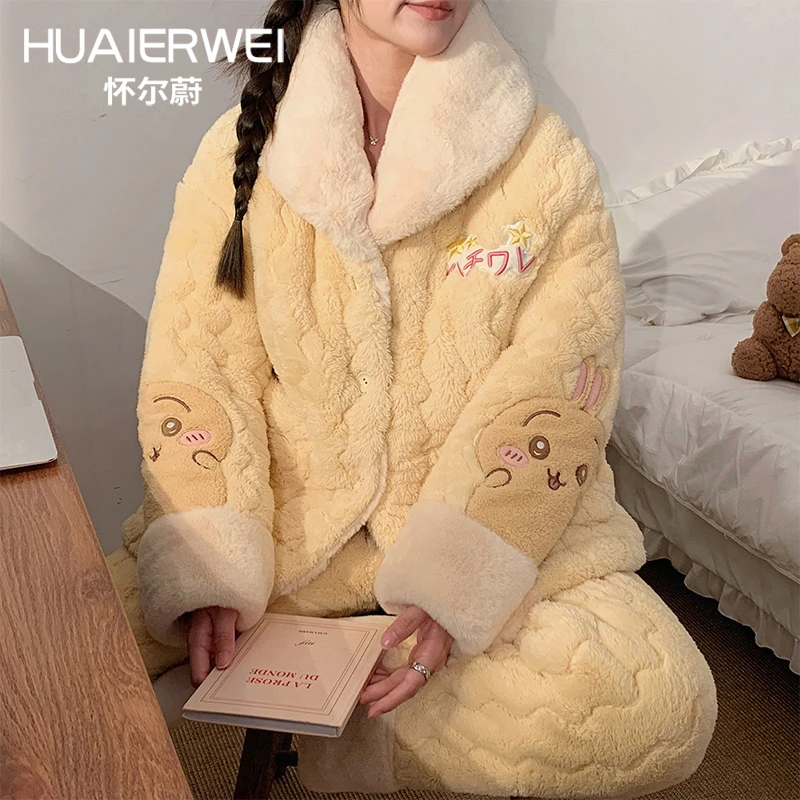睡衣女冬季三层夹棉加厚加绒珊瑚绒2024新款冬天可外穿家居服套装