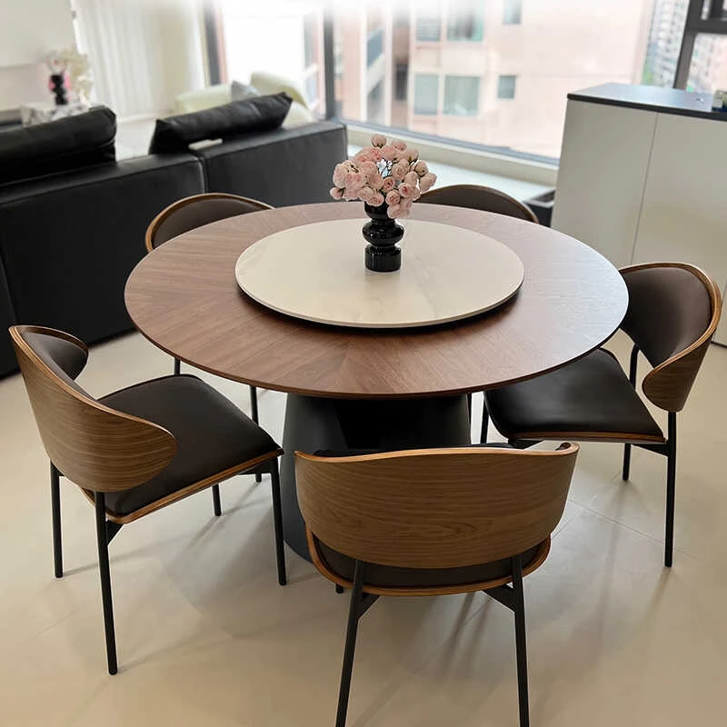 实木圆形餐桌椅中古风法式复古家用小户型黑胡桃拼花饭桌餐桌圆桌