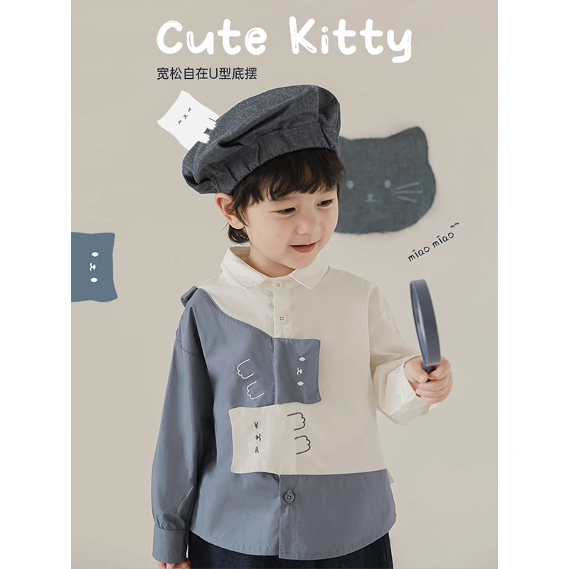 幼悠男童春季纯棉衬衫可爱拼色儿童小猫咪宽松洋气百搭上衣WN0003