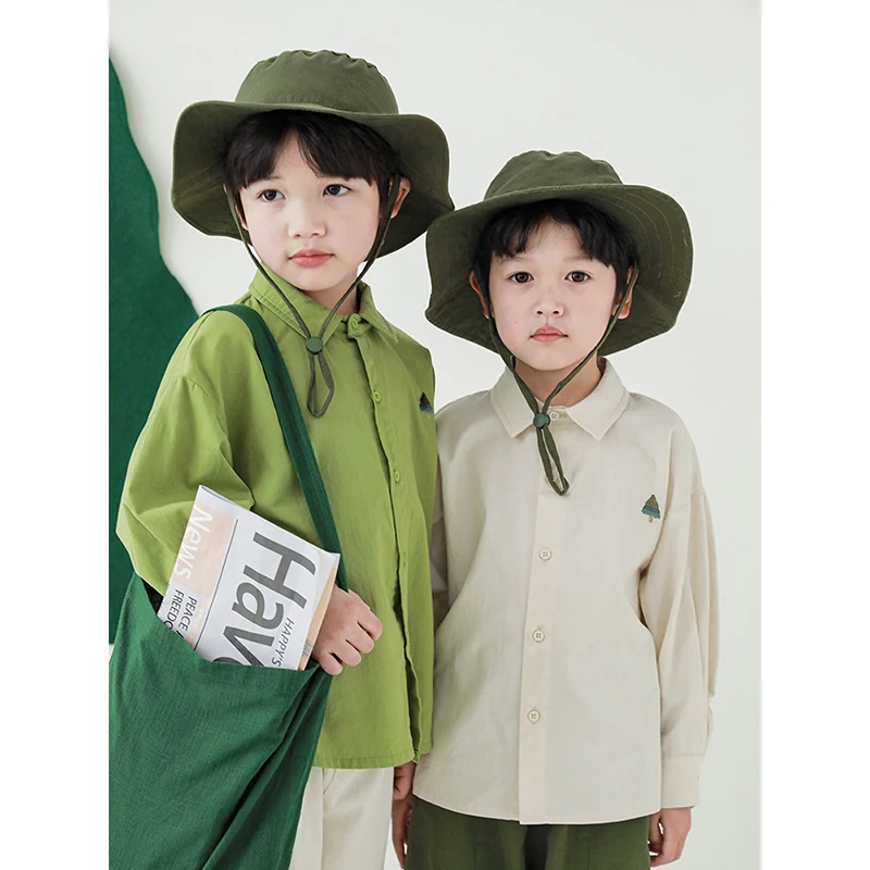 幼悠儿童数码水印植物刺绣纯色清新长袖衬衫男童帅气衬衣潮 N3241