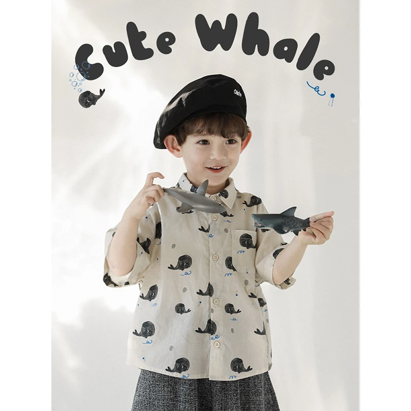 幼悠男童鲸鱼印花纯棉短袖衬衫洋气童装儿童时尚休闲上衣FN0019