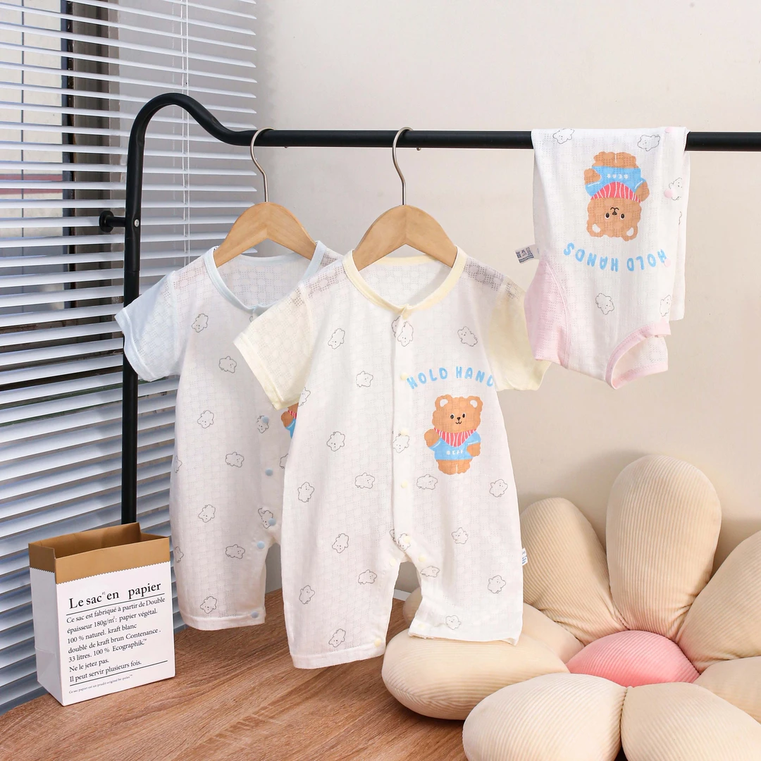 婴儿纯棉轻薄款连体衣宝宝夏季透气半袖新生儿护肚空调服爬服哈衣