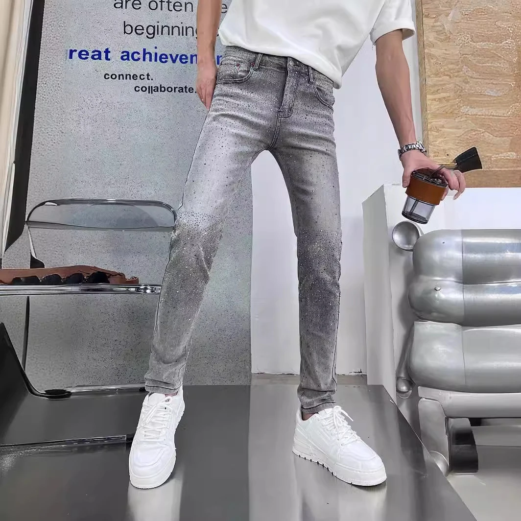 中山欧货高端2024夏季新款重工烫钻牛仔男灰色潮牌帅气修身小脚裤