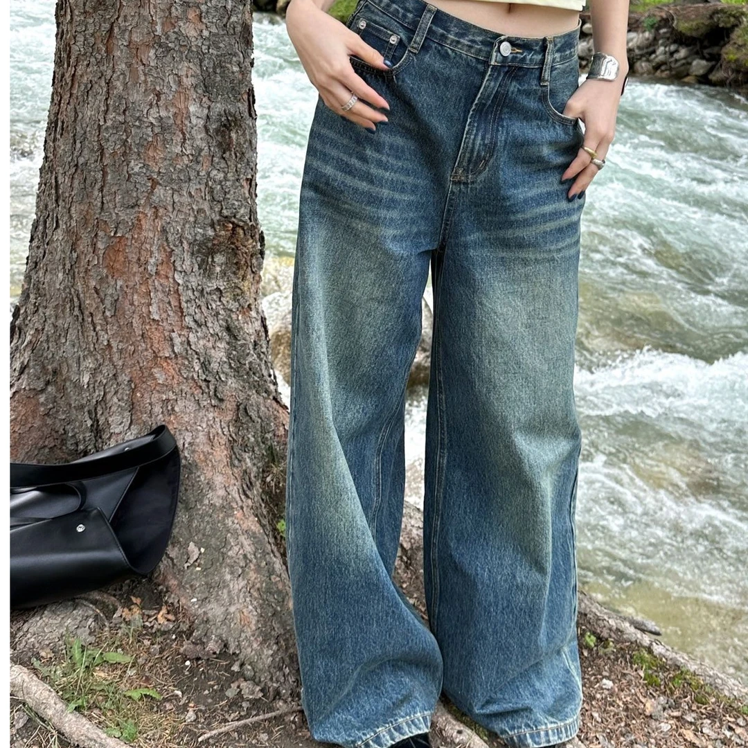 早秋新款复古街头牛仔做旧水洗宽松显瘦直筒长裤