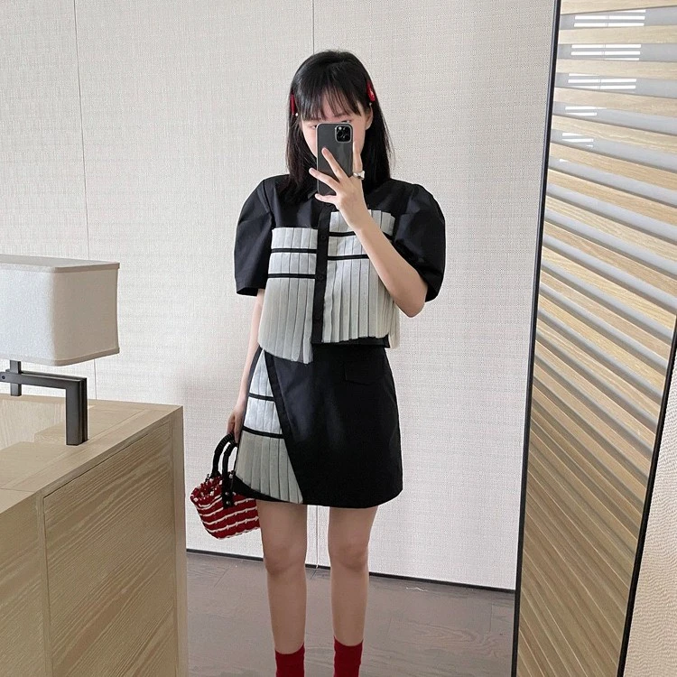 断码处理假两件设计拼接短裙韩版衬衫两件套夏季时尚休闲套装上衣