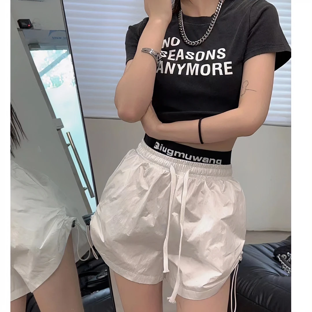 休闲抽褶三分短裤2023夏季新品高腰显腿长热裤