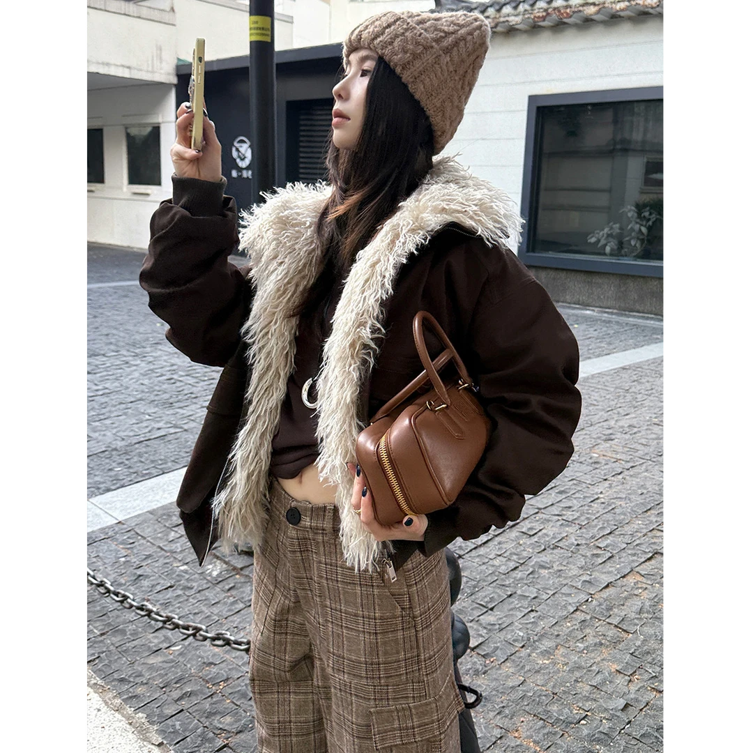 短款宽松型拼接派克服韩版毛领百搭洋气加厚大衣