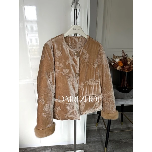 DAIRI  ZHOU▪️逃跑月亮   100桑蚕丝丝绒拼水貂毛新中式外套气质