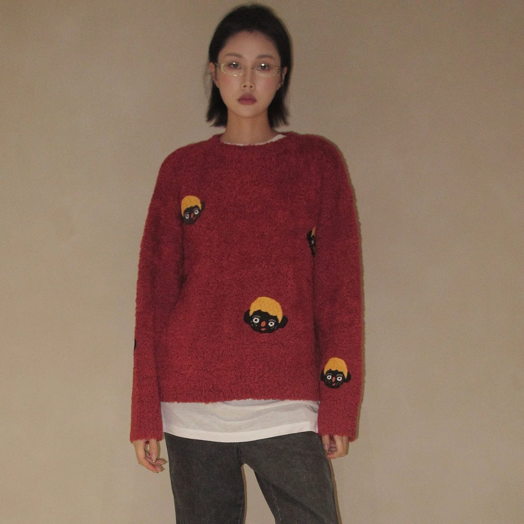 SUSU SELECT｜秋冬娃娃手绣圆领宽松套头慵懒风针织衫减龄毛衣毛衫