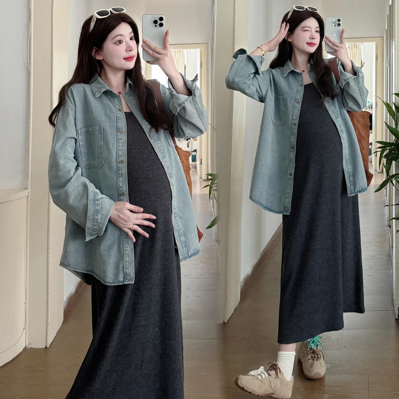孕妇春秋复古牛仔衬衫新款时尚大码宽松长裙春季百搭打底背心裙子