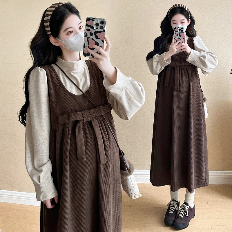 孕妇装春秋连衣裙新款时尚韩版灯芯绒秋季大码宽松休闲背心裙子女