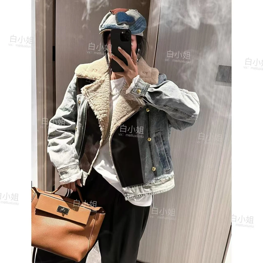 欧货冬装2024秋冬新款皮毛一体拼接牛仔女外套
