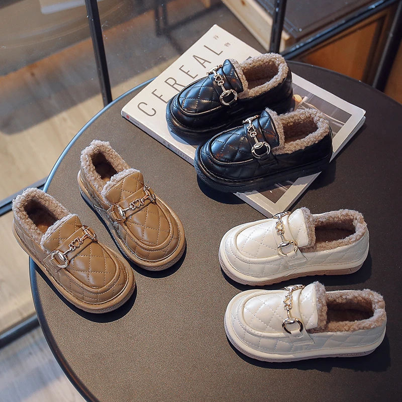 儿童新款冬季保暖菱形格加绒英伦风乐福鞋男女童一脚蹬豆豆鞋