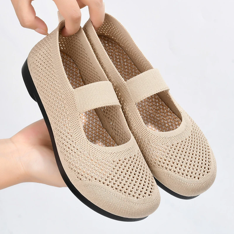 新款夏季老北京布鞋女平底防滑妈妈鞋中老年飞织网面浅口休闲女鞋