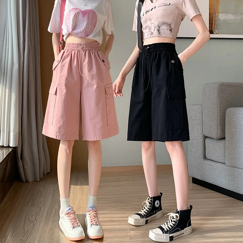 薄款冰丝阔腿工装裤子女2025年夏季新款小个子高腰宽松五分直筒裤