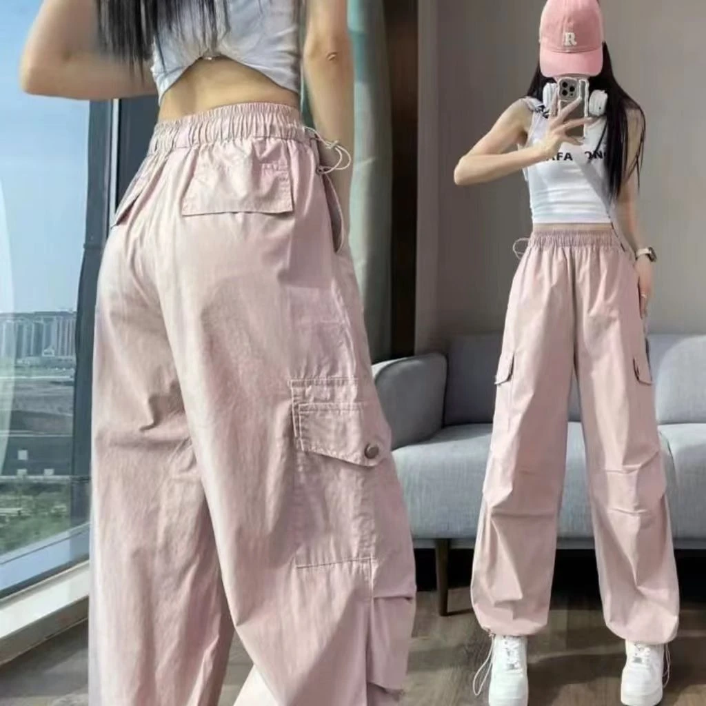 粉色美式冰丝速干工装裤女夏季薄款高腰显瘦阔腿宽松束脚休闲裤子