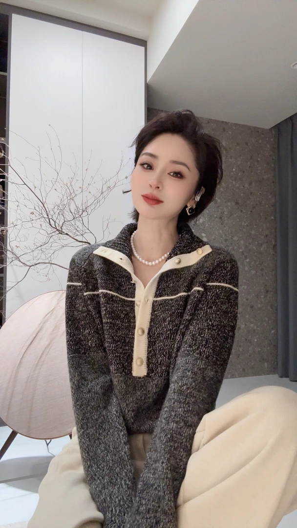 FANYE  2024冬季慵懒风全羊毛撞色针织开衫85298