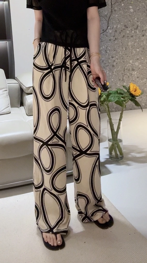 FANYE 夏季黑白印花慵懒风度假休闲阔腿裤