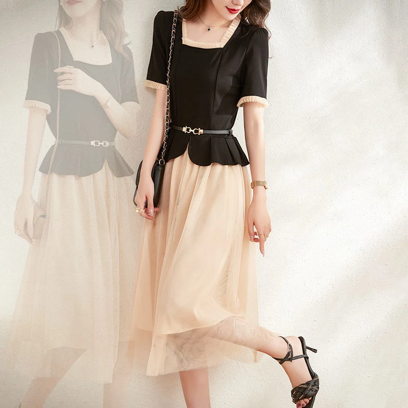 气质优雅高级感法式复古方领显瘦网纱拼接假两件收腰连衣裙D2838