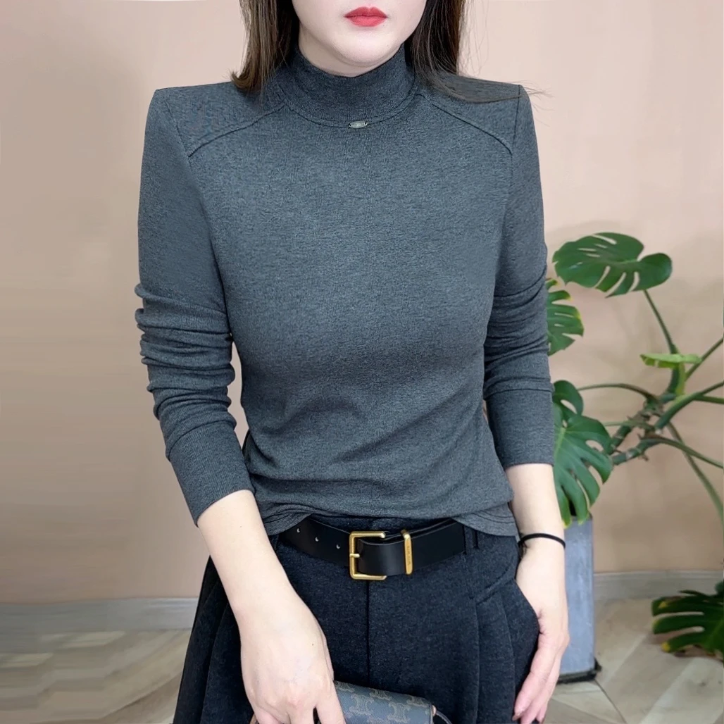 2024冬季新品时尚百搭修身显瘦加绒加厚半高领打底女士上衣7759