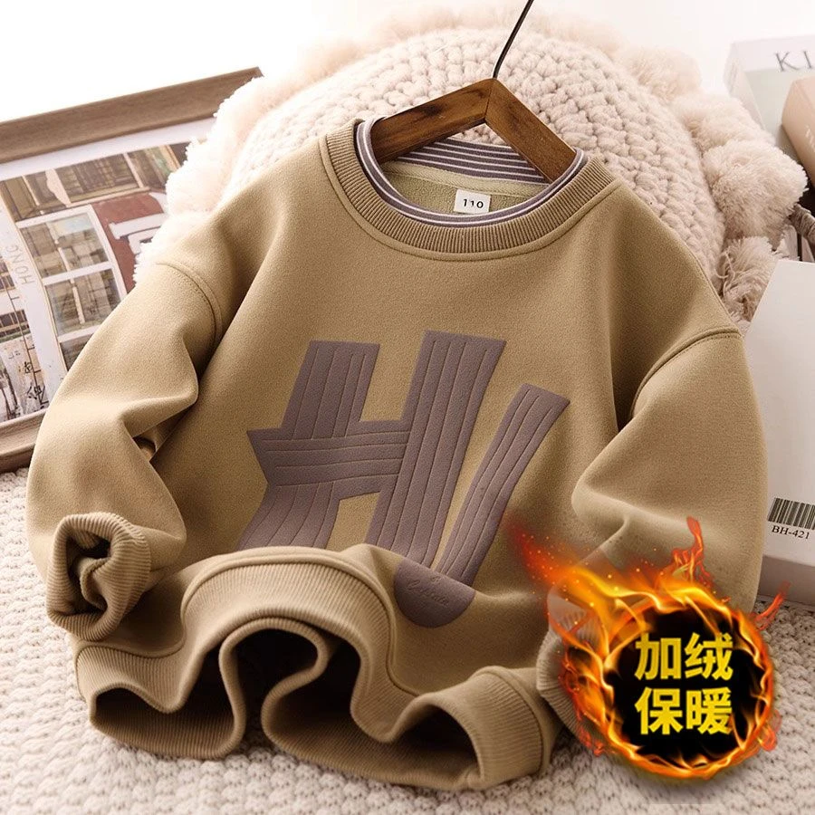 男童假两件加绒卫衣秋冬款2024新款儿童半高领一体绒上衣冬装男孩