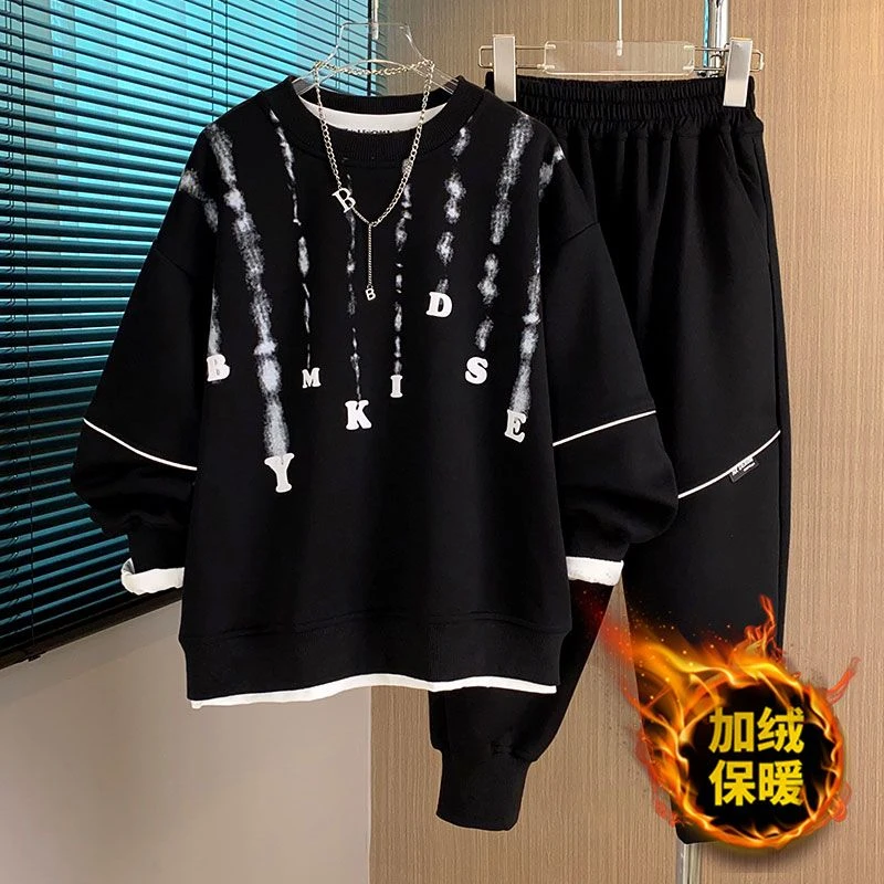 男童秋冬季2024新款字母印花长袖时尚运动宽松长裤冬季加绒套装潮