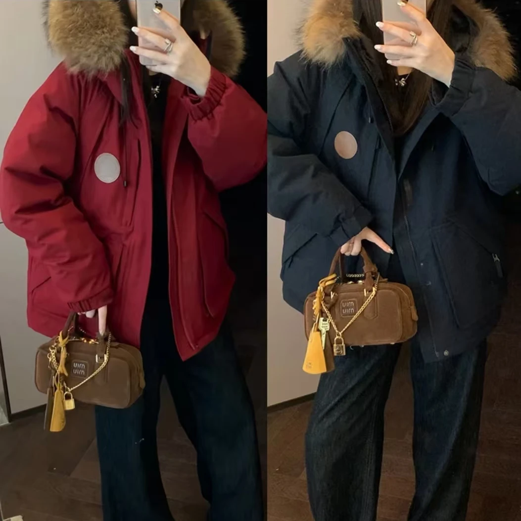 2冬季新款工装派克服羽绒服女短款连帽大毛领加厚保暖鸭绒外套潮