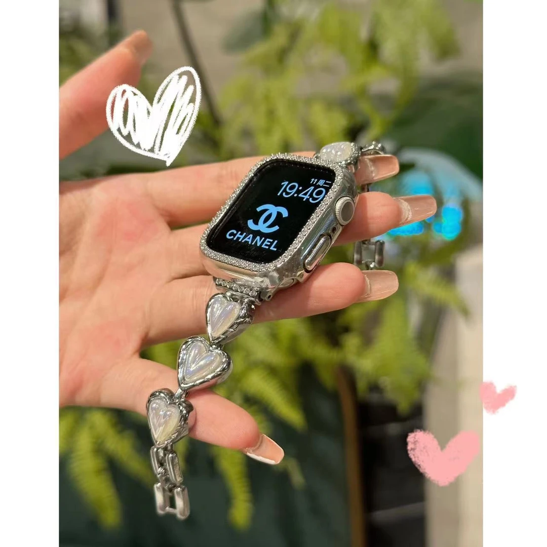 【镭射爱心】适配于苹果applewatch1-11seUItra小香风爱心金属表带